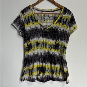 DKNY Black and Yellow Tie-Dye V-Neck Top
